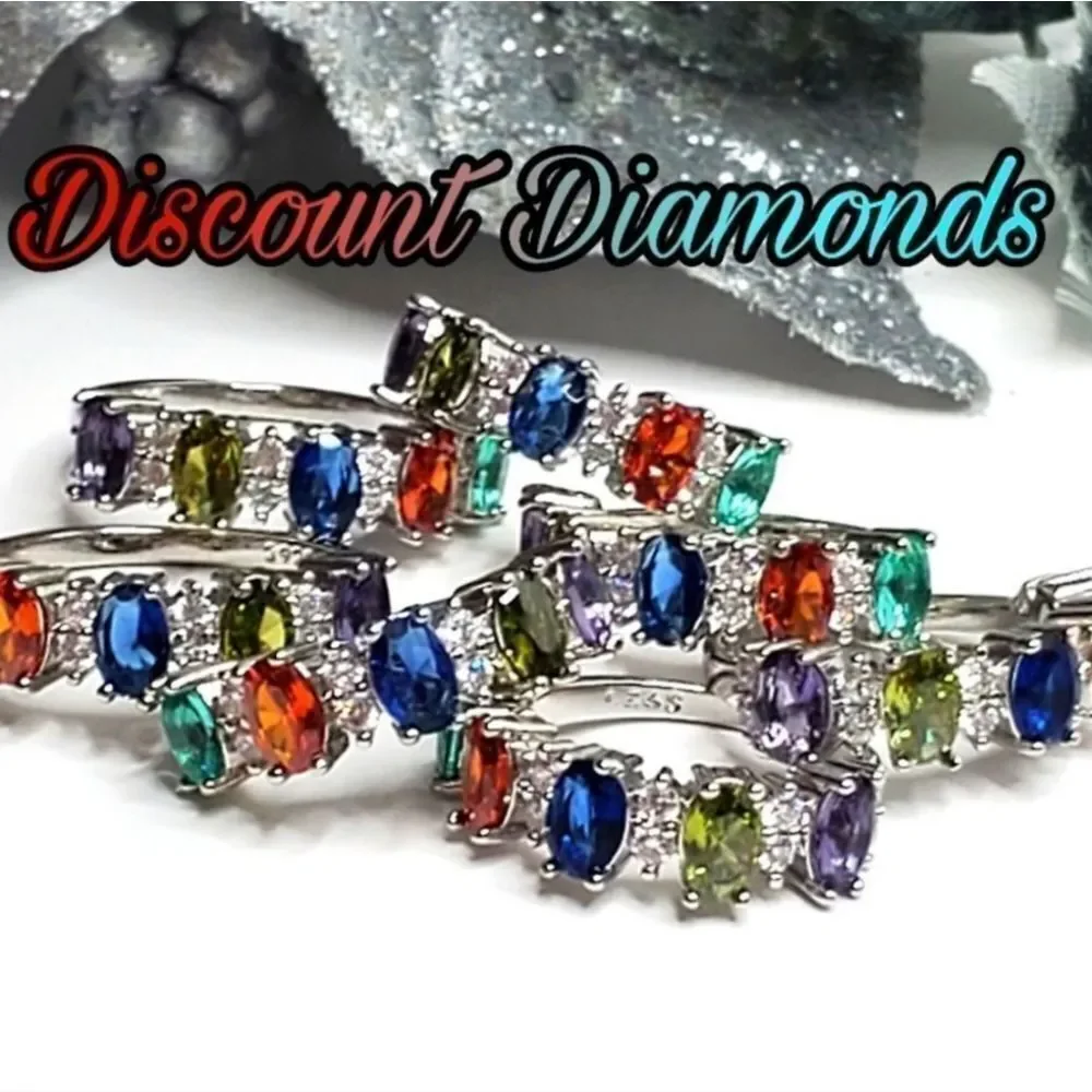 Multi Color Oval Cut Sapphire Cocktail Ring 14K White Gold on 925 Silver